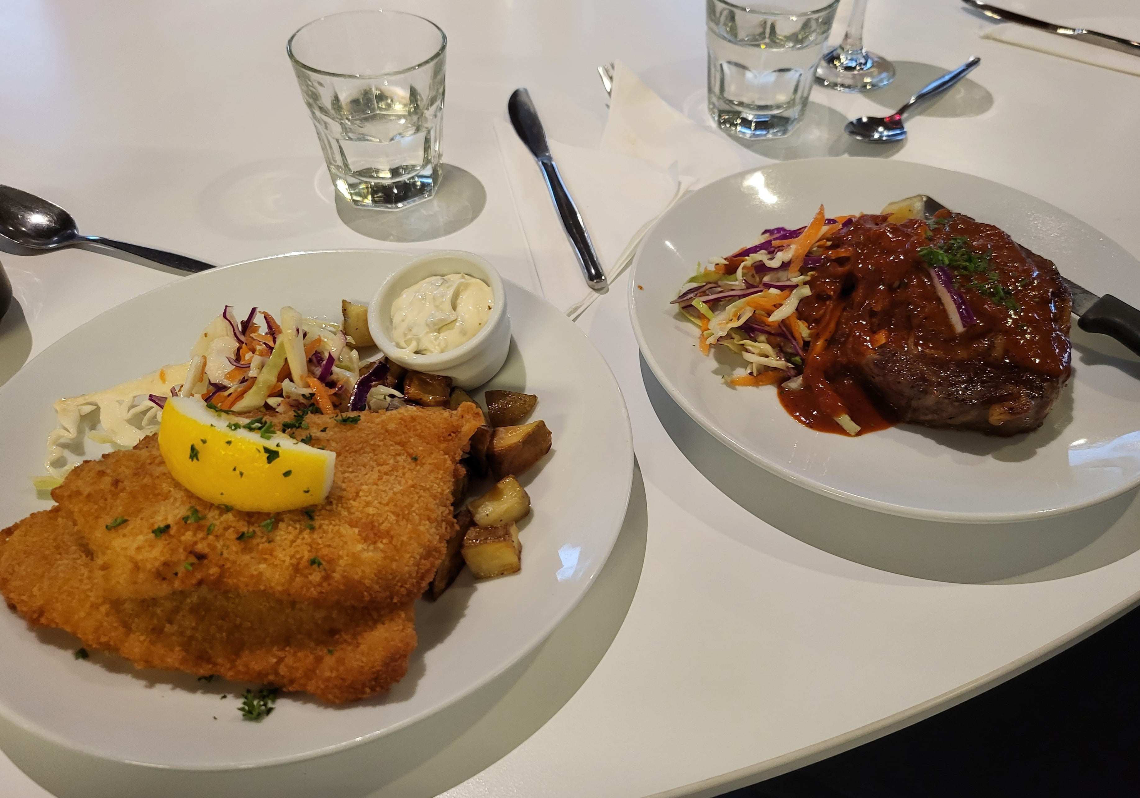Dinner: Steak and fried fish fillet