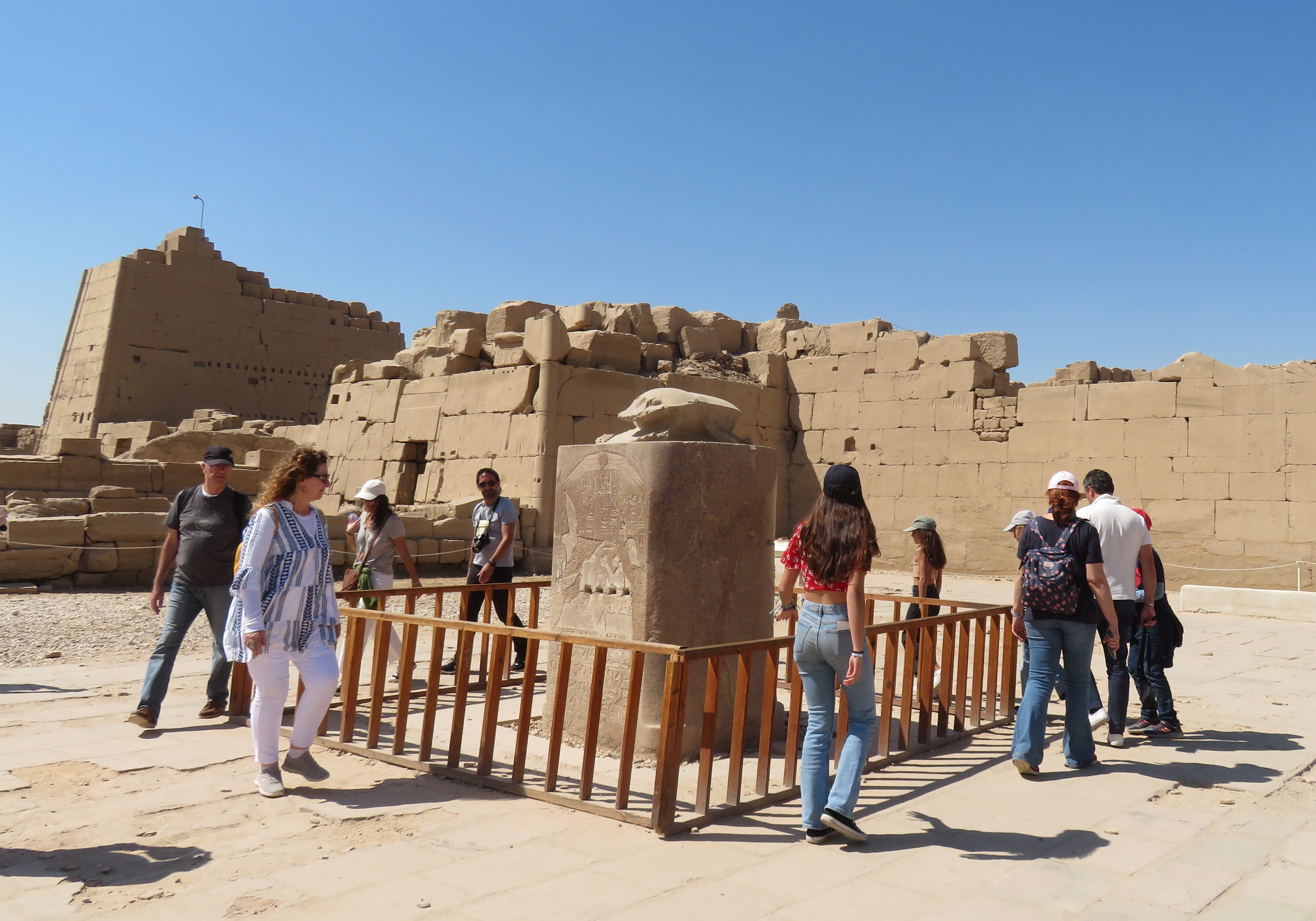 People circling the beetle statue