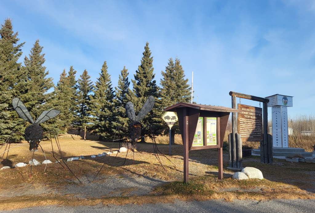 Two giant mosquitos outside of Delta Junction visitor center