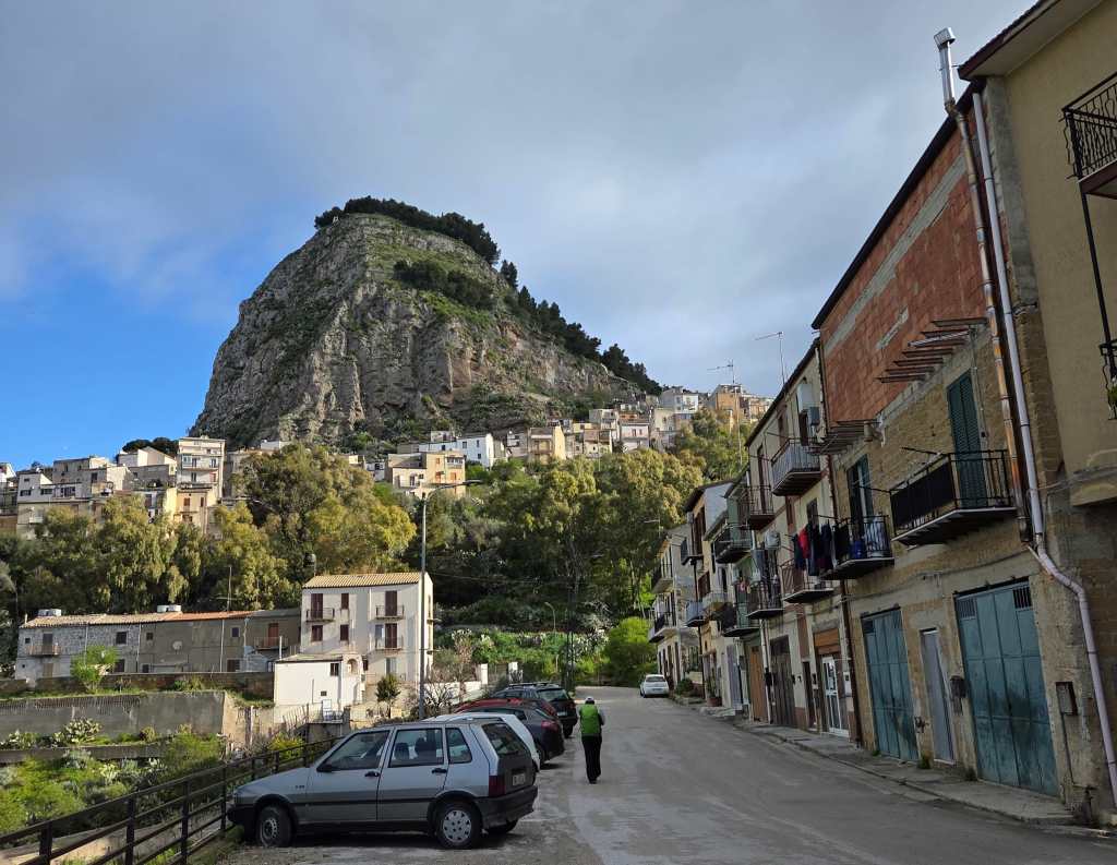 Leaving Sutera -- the tall mountain is Mount San Paolino