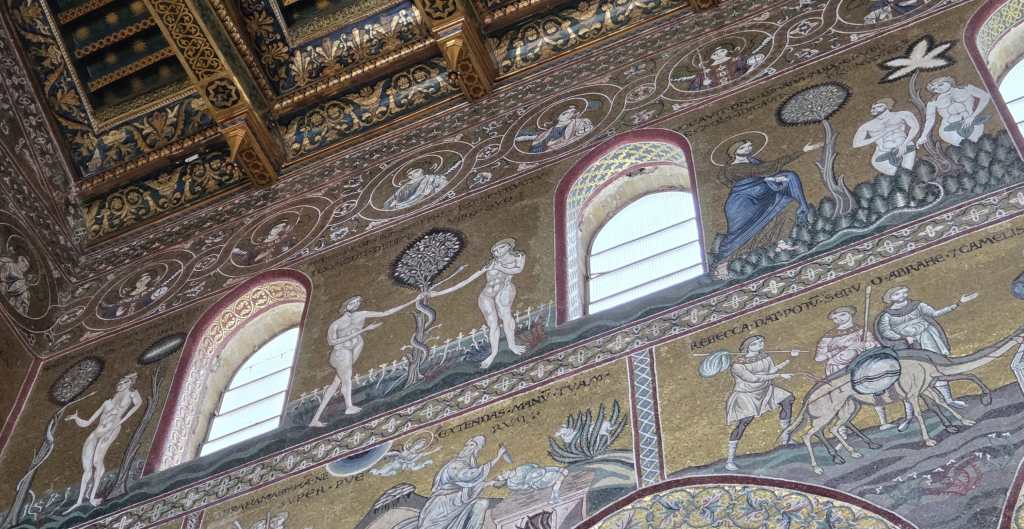 Genesis 7: Snake tempting Eve; Original Sin; God chiding Adam and Eve